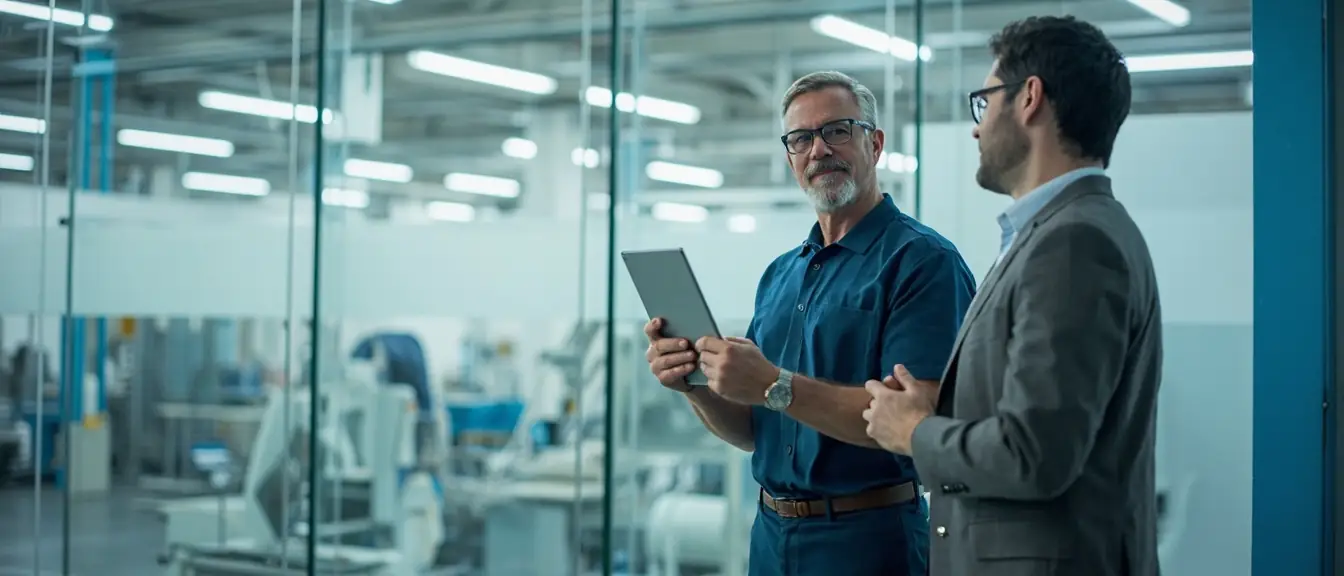 A plant leader briefs an account manager in a glass walled room above a modern factory floor