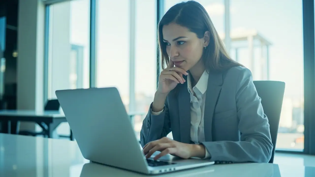An account manager reviewing candidate profiles at her laptop