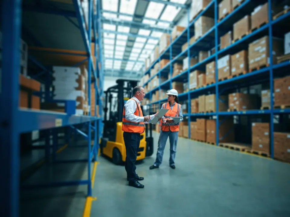 A supervisor and a forklift operator in a bright distribution center