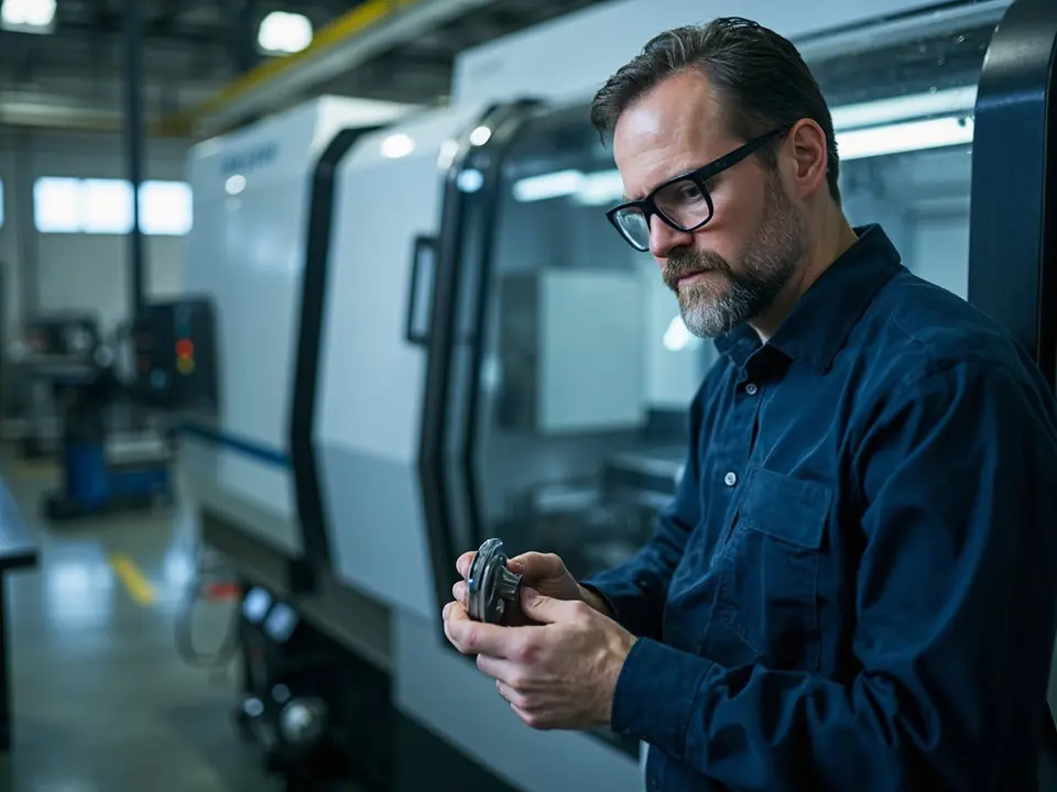 A machinist inspecting a finished part beside a CNC machining center