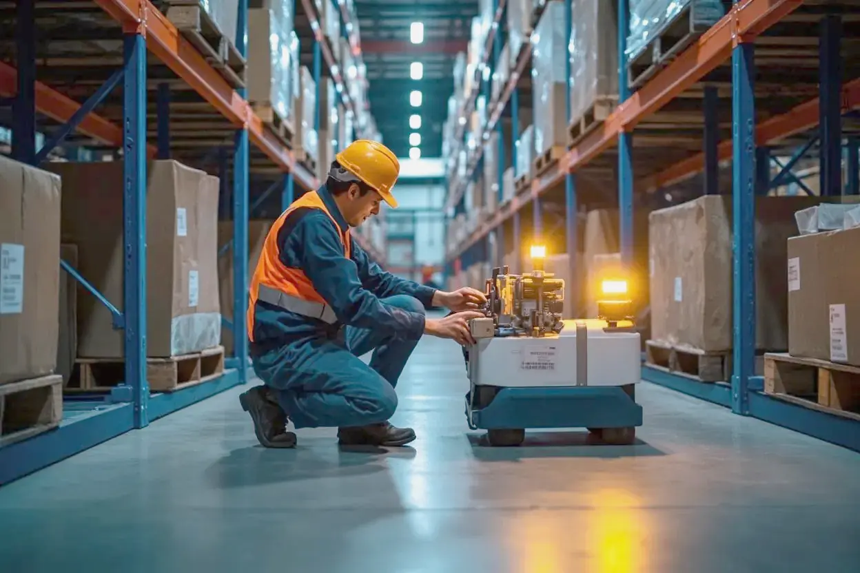 A technician kneels beside a small mobile robot with its service panel open in a warehouse aisle