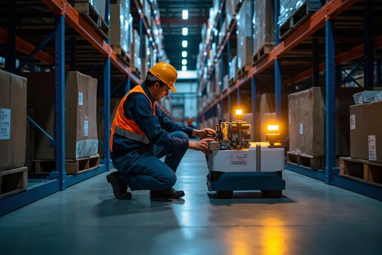 A technician kneels beside a small mobile robot with its service panel open in a warehouse aisle