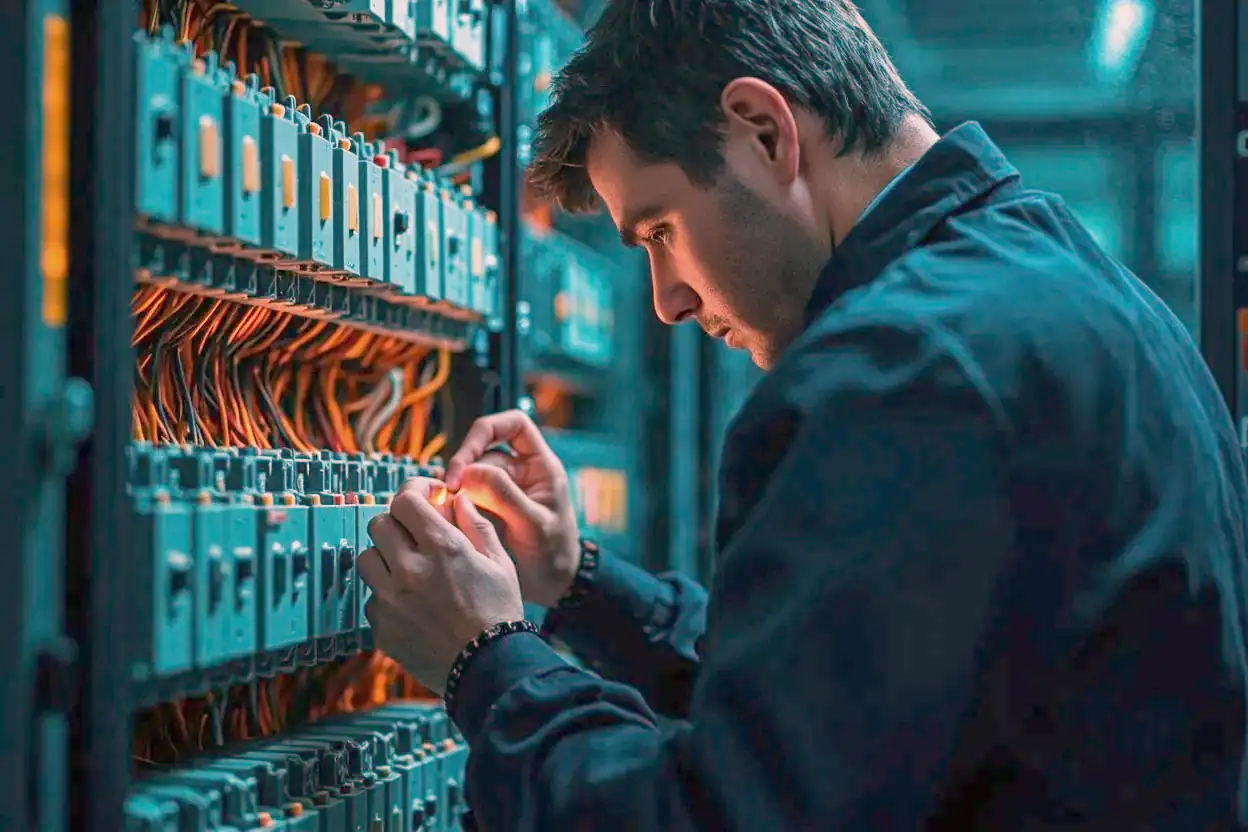 A technician traces wiring inside an open industrial control cabinet