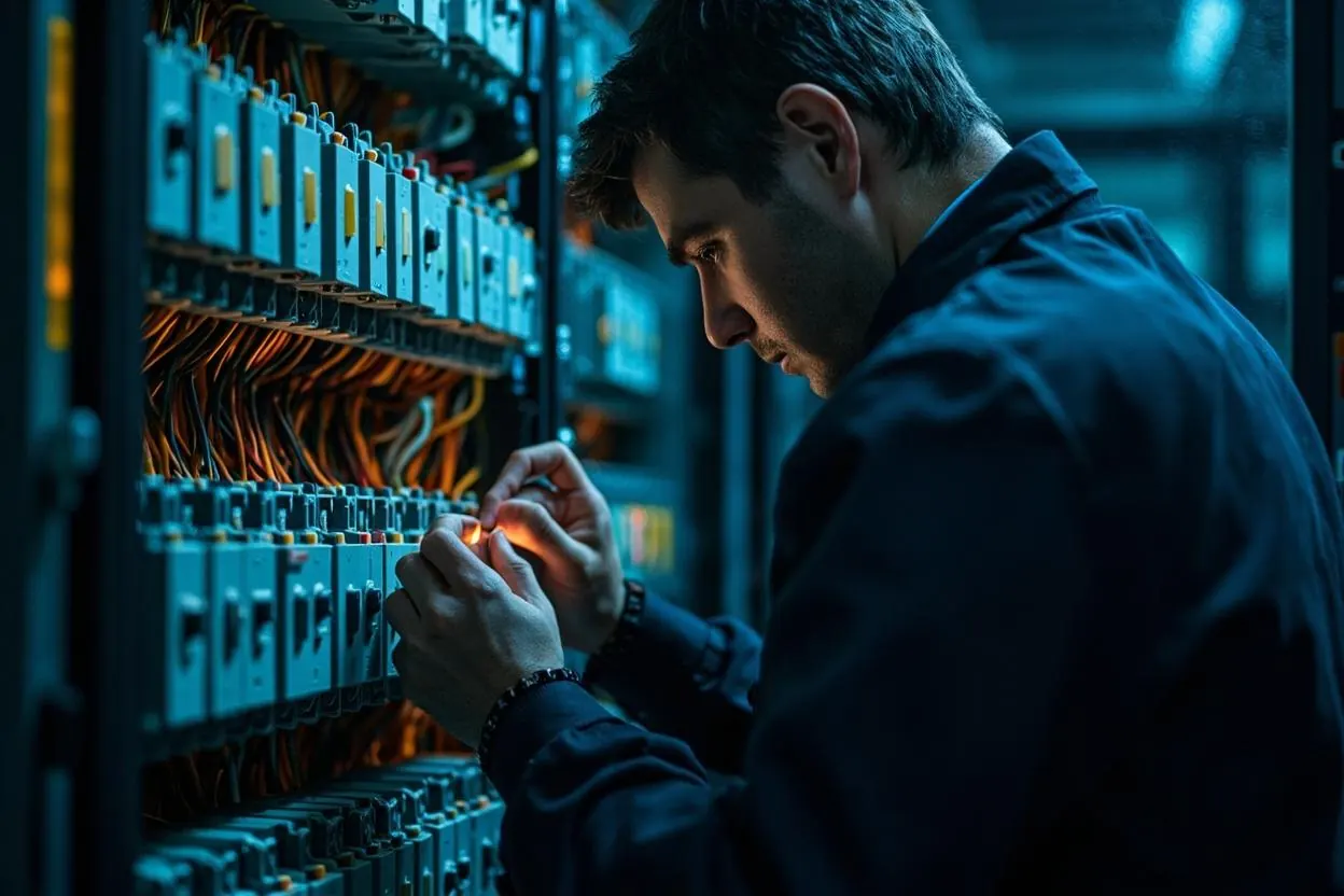 A technician traces wiring inside an open industrial control cabinet