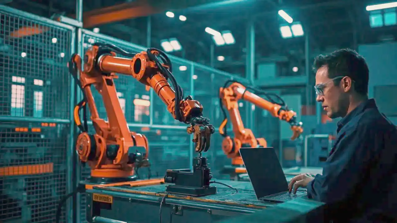 An engineer in safety glasses works on a laptop beside two orange industrial robot arms inside a guarded cell