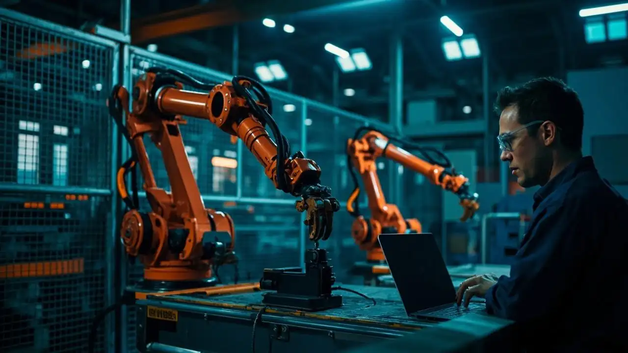 An engineer in safety glasses works on a laptop beside two orange industrial robot arms inside a guarded cell