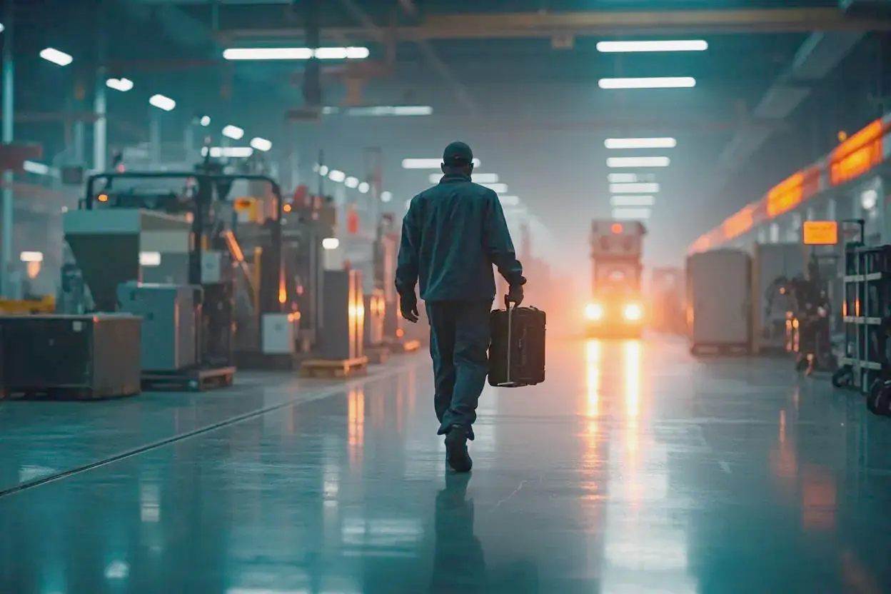 A field service engineer carries a tool case across a quiet factory floor toward a production line