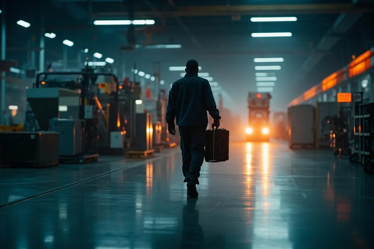 A field service engineer carries a tool case across a quiet factory floor toward a production line