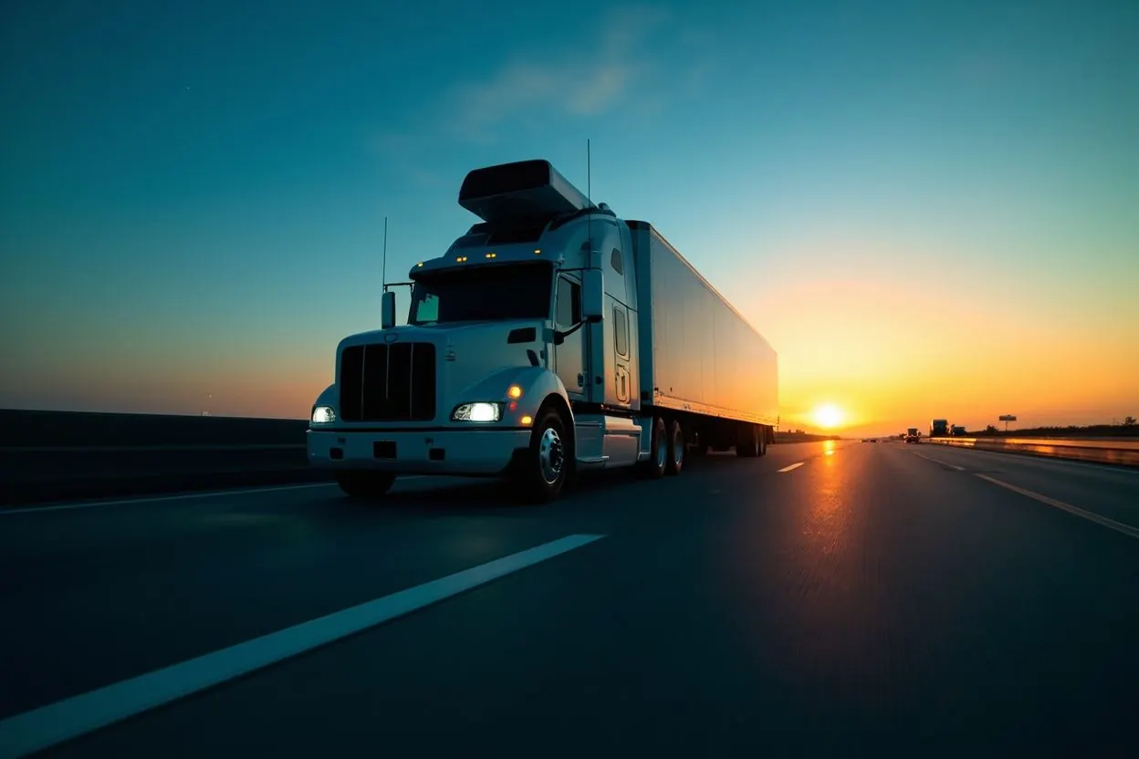 A sensor equipped semi truck drives an empty highway at sunrise