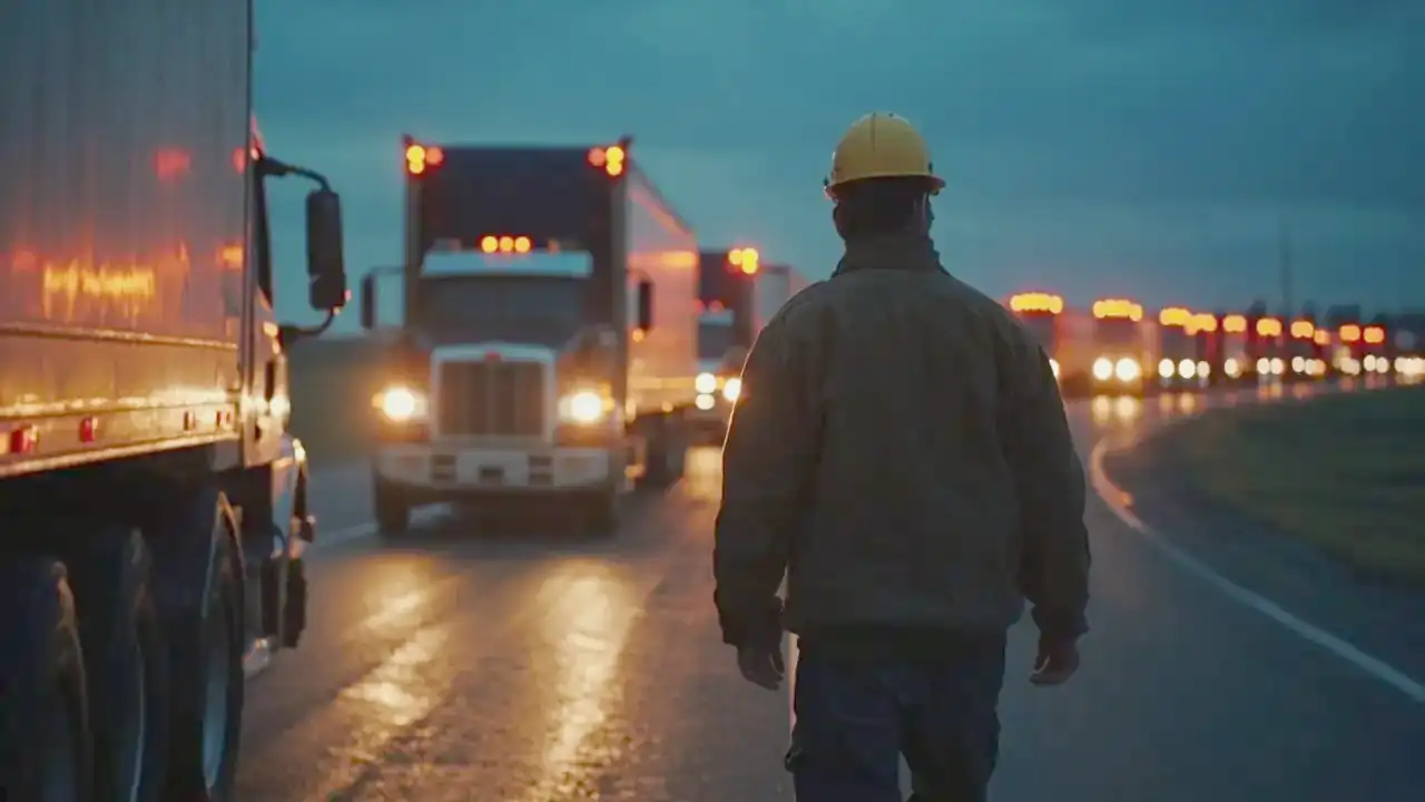 A driver walks along a line of tractor trailers at a distribution center at dusk