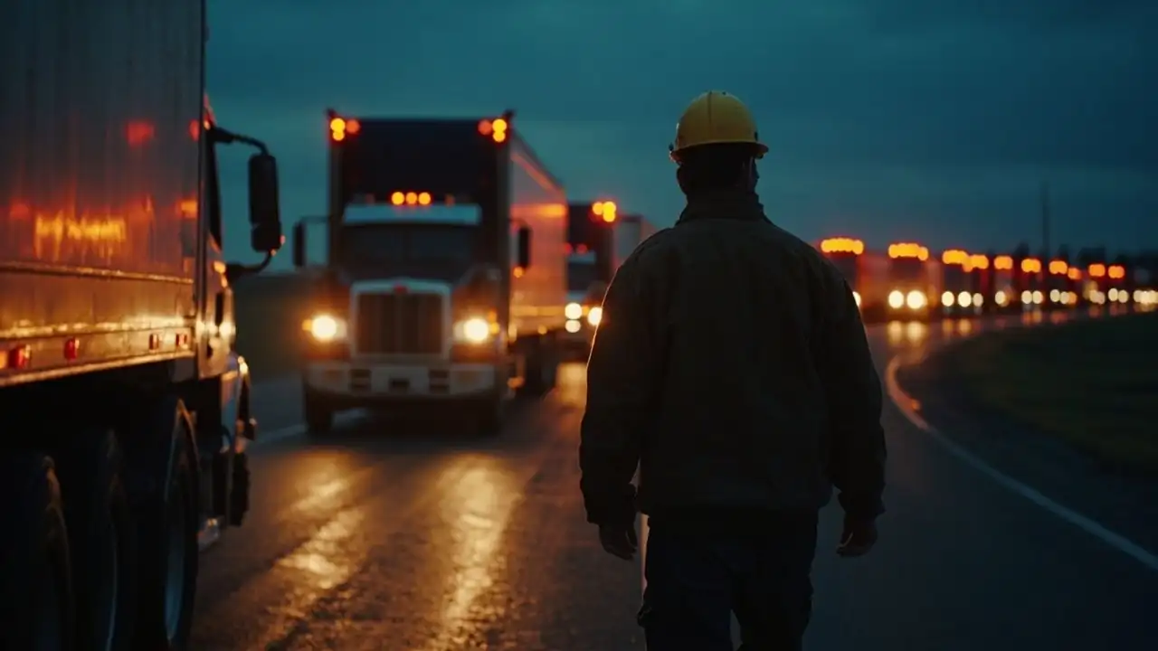 A driver walks along a line of tractor trailers at a distribution center at dusk