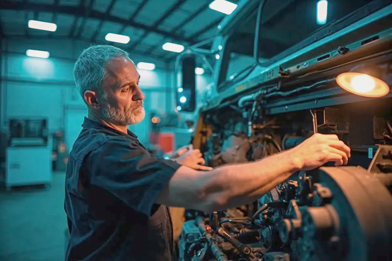 A diesel technician works on a heavy truck engine in a fleet maintenance bay