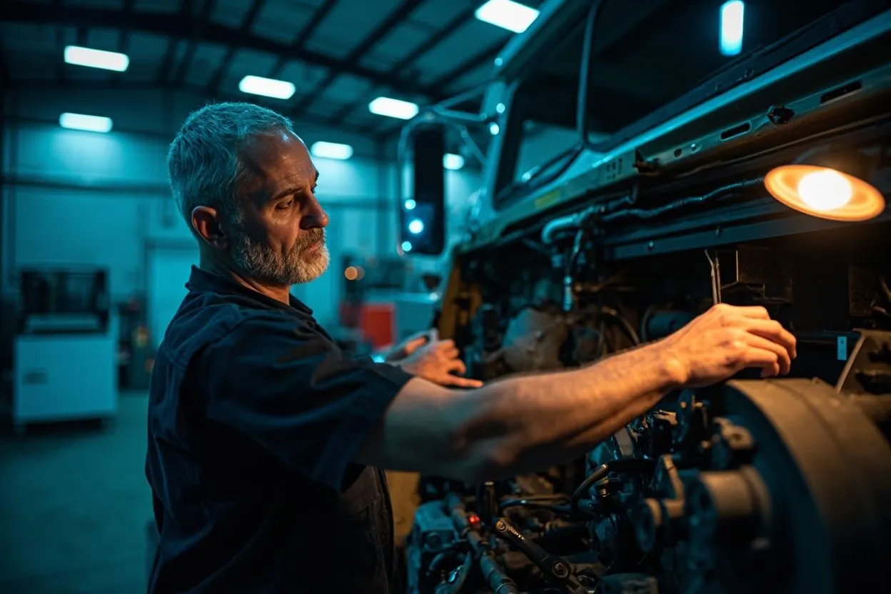 A diesel technician works on a heavy truck engine in a fleet maintenance bay