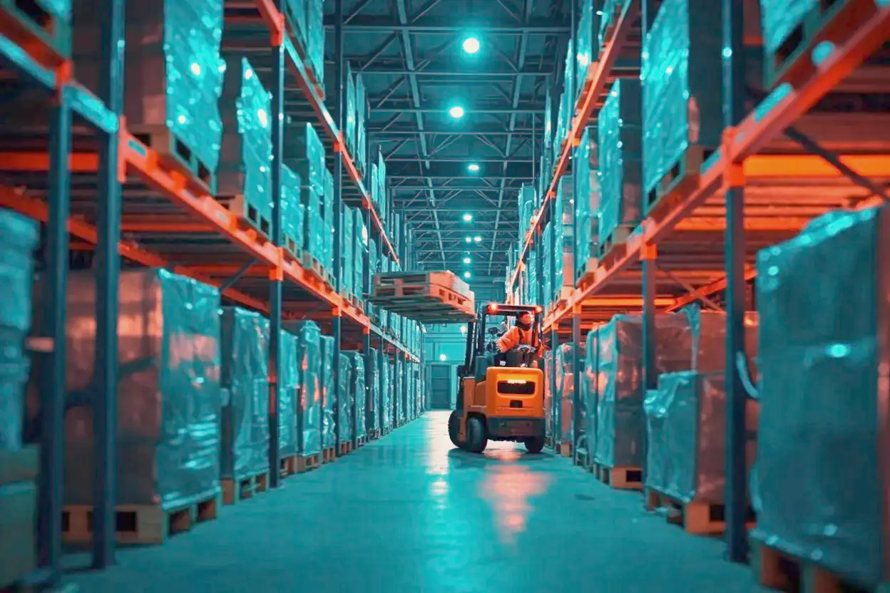 A forklift operator works in a long aisle of racking inside a large warehouse at night