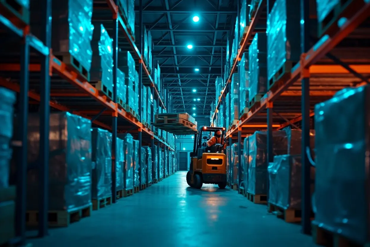 A forklift operator works in a long aisle of racking inside a large warehouse at night