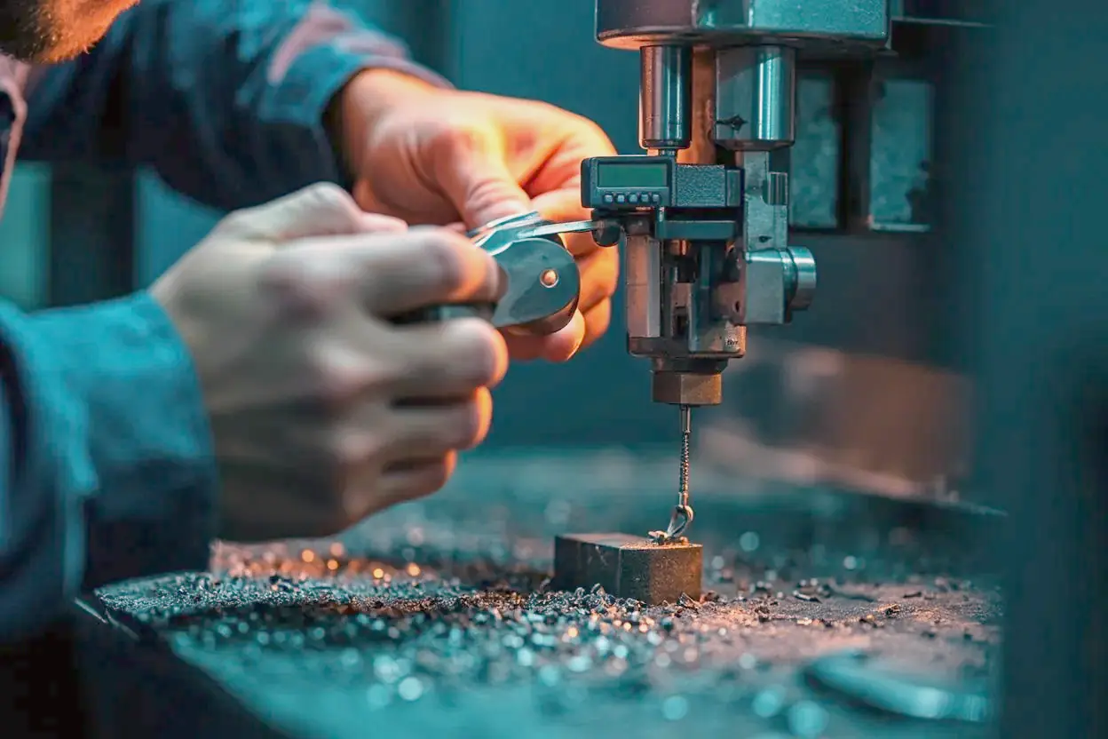 A machinist checks a freshly machined part with a digital caliper beside a CNC machine