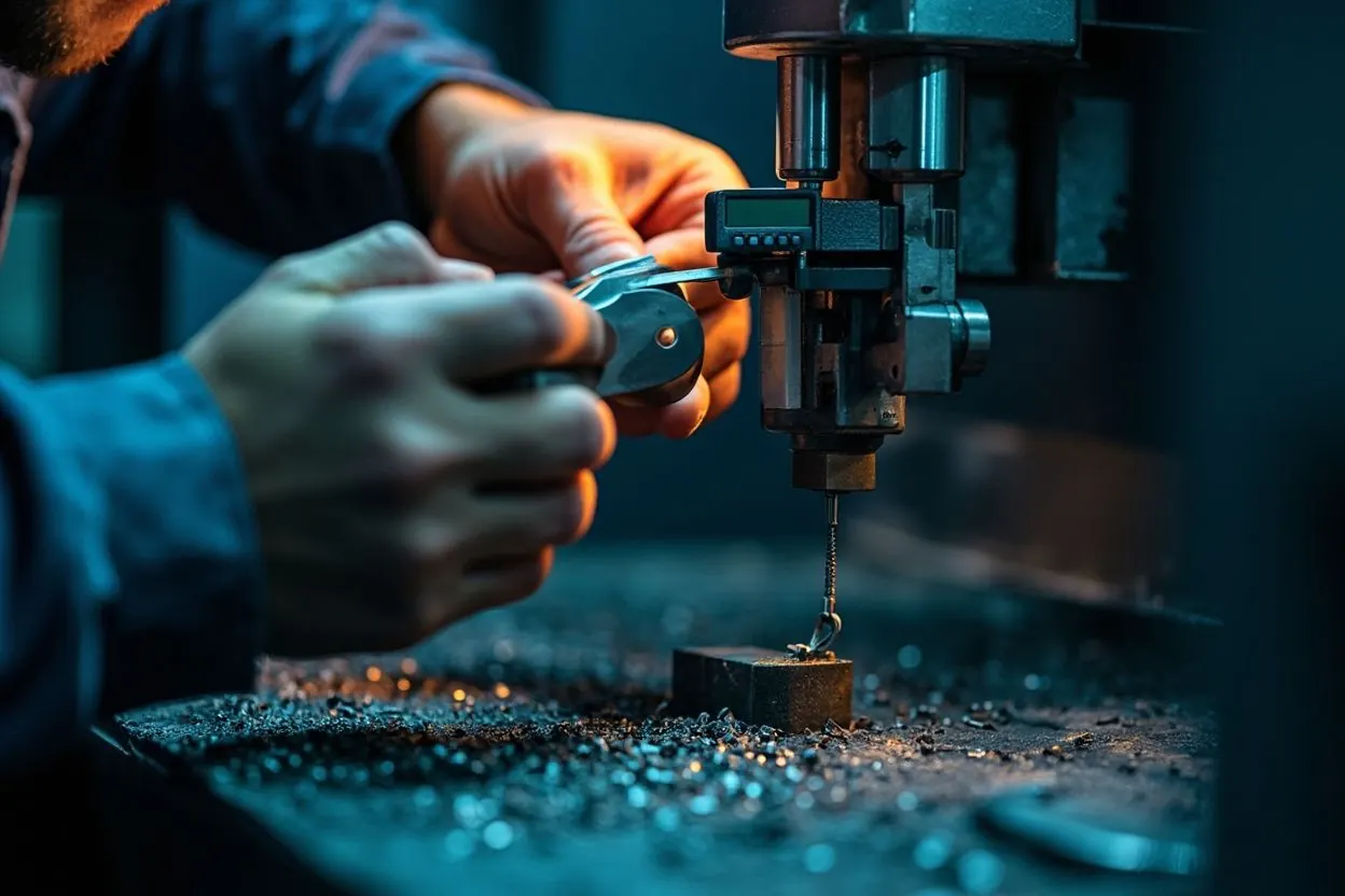 A machinist checks a freshly machined part with a digital caliper beside a CNC machine