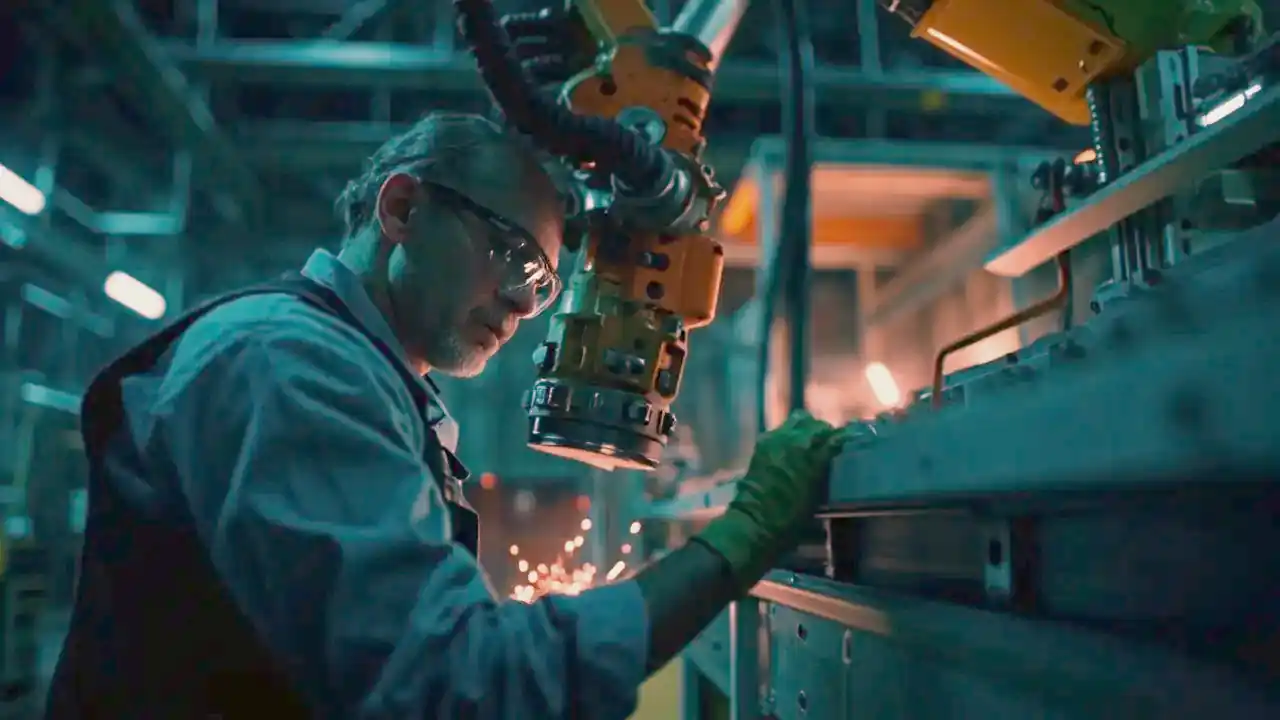 A maintenance technician inspects an industrial robot on a night shift production line