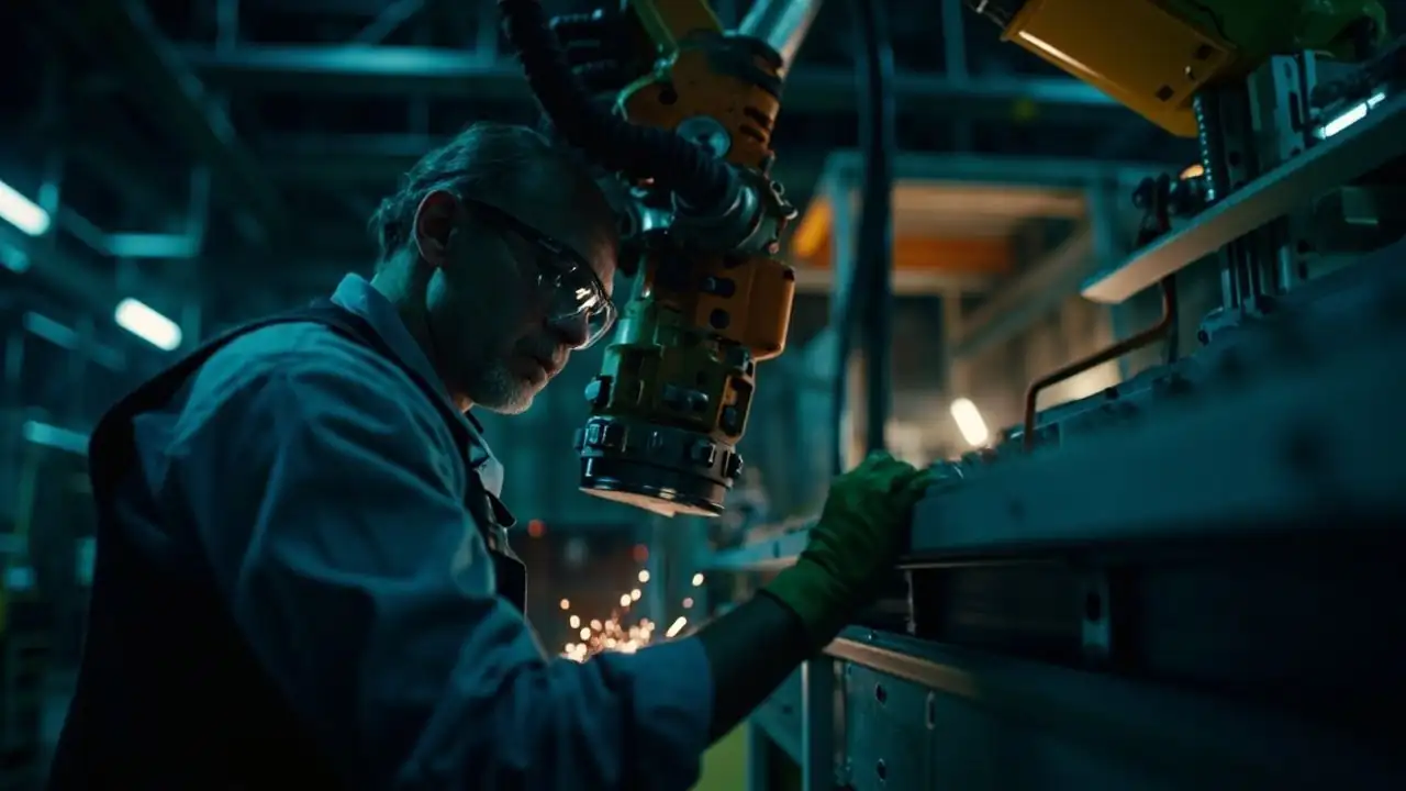 A maintenance technician inspects an industrial robot on a night shift production line