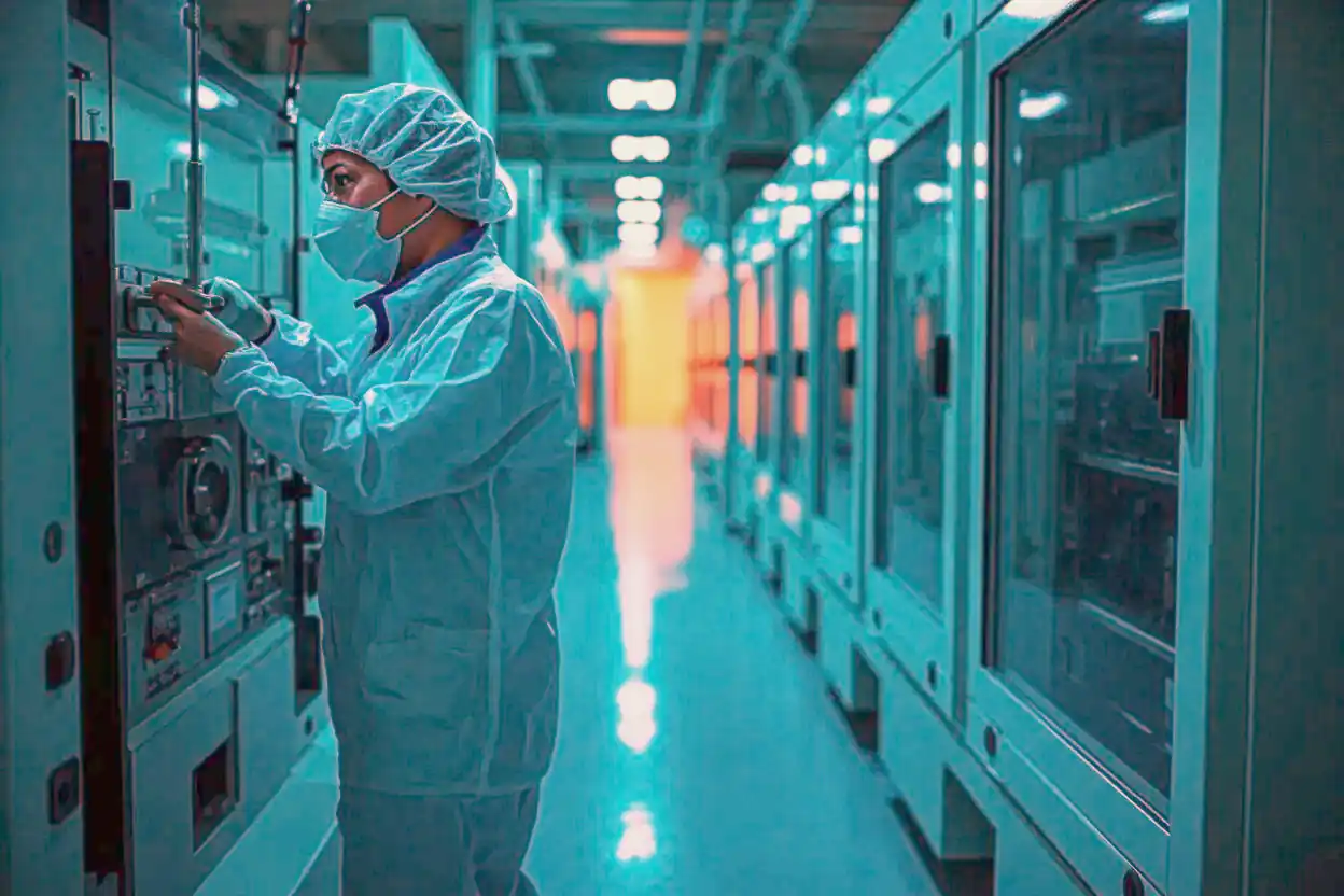 A technician in a cleanroom suit works at wafer processing equipment in a long fab corridor
