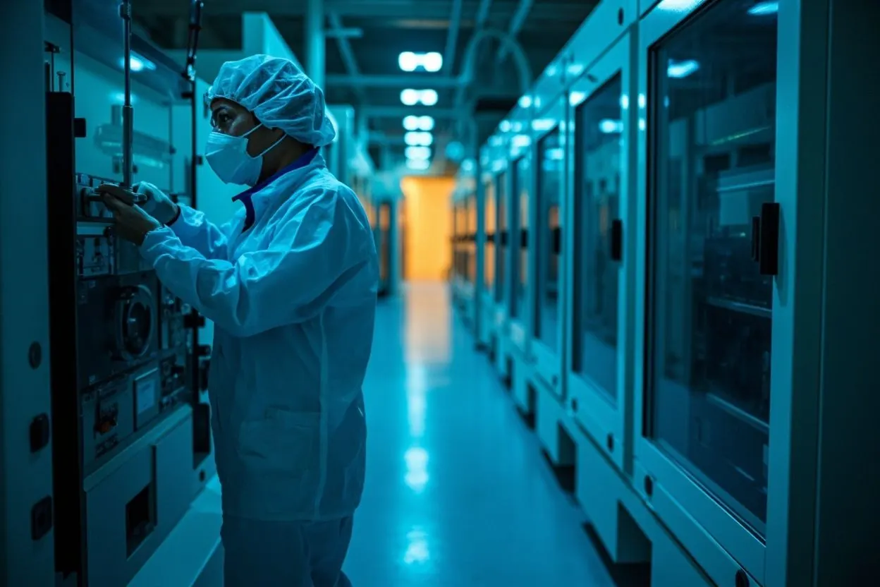 A technician in a cleanroom suit works at wafer processing equipment in a long fab corridor