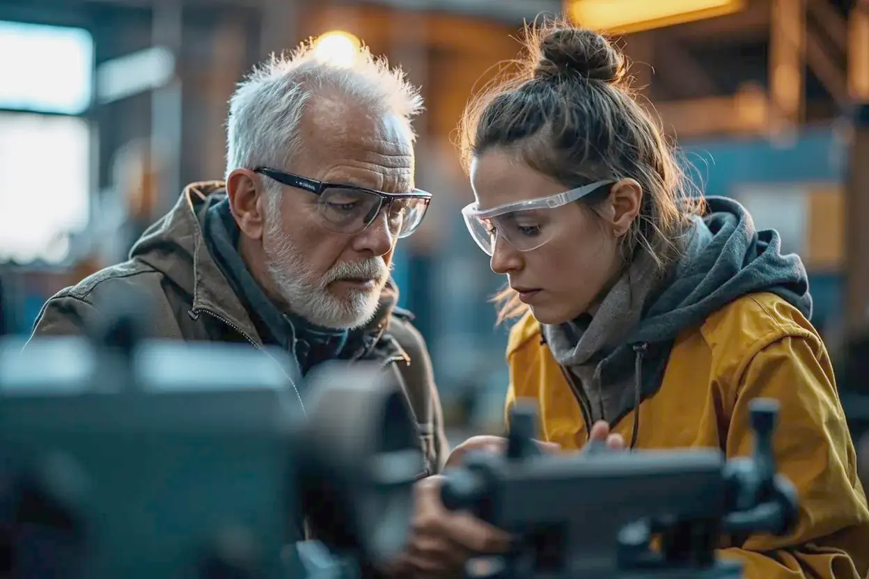 A veteran machinist teaches a young apprentice at a lathe