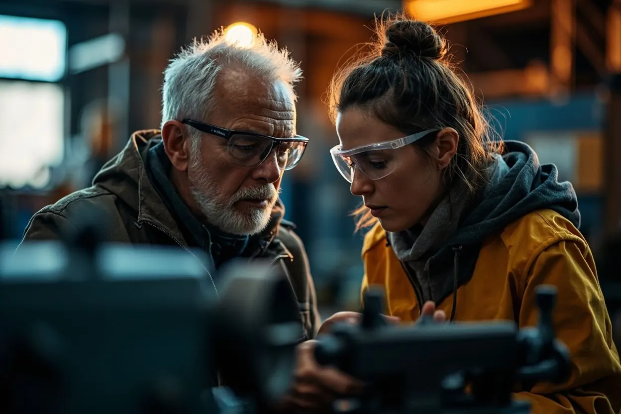 A veteran machinist teaches a young apprentice at a lathe